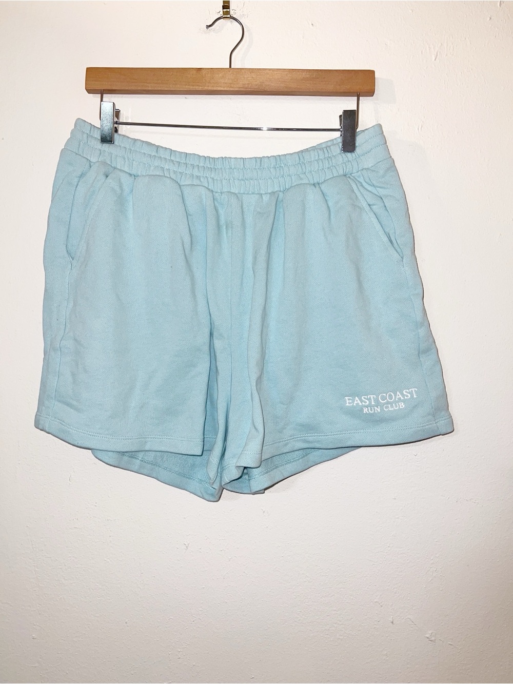 Old Navy "East Coast Run Club" Terry Ceramic Blue SoComfy Drawstring Shorts